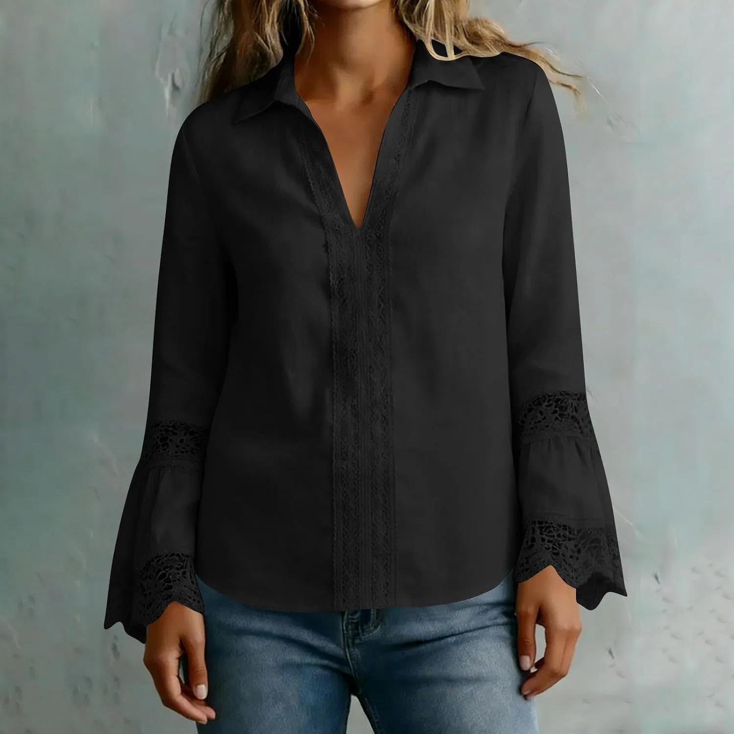 Женская блузка с длинным рукавом, Linen Tops, чёрный — фото 3