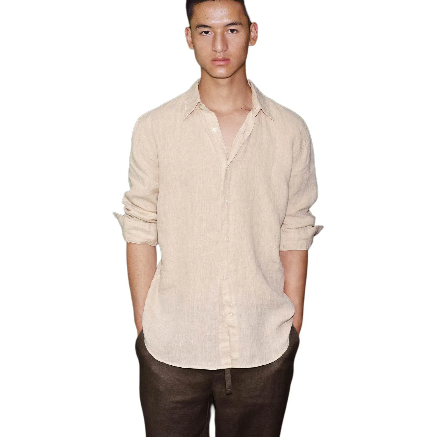 Мужская рубашка с отложным воротником прямого кроя Beige ZARA, Beige — фото 3