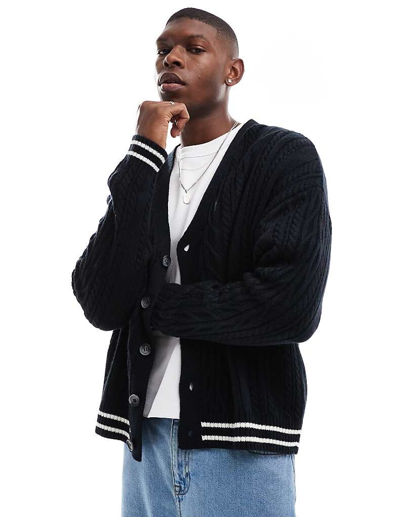 

ASOS DESIGN — темно-синий кардиган с отделкой цвета экрю, свободный крой и объемная вязка косами