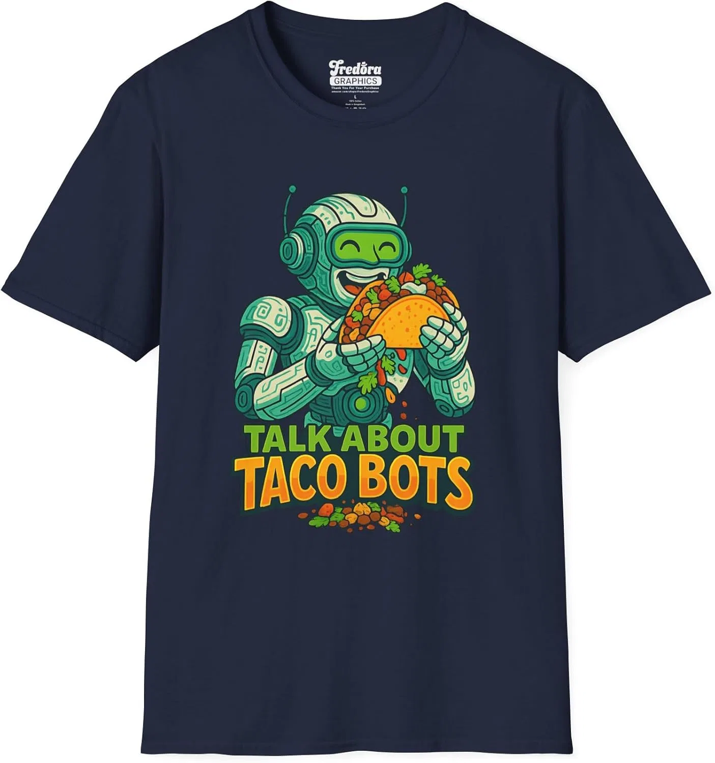 Забавная футболка с роботами-тако | Дизайн передней стороны: Talk About Taco Bots | Принт на спине: ATACOLYPSE | Двусторонняя футболка | Юмор на тему еды | Футболка с искусственным интеллектом
