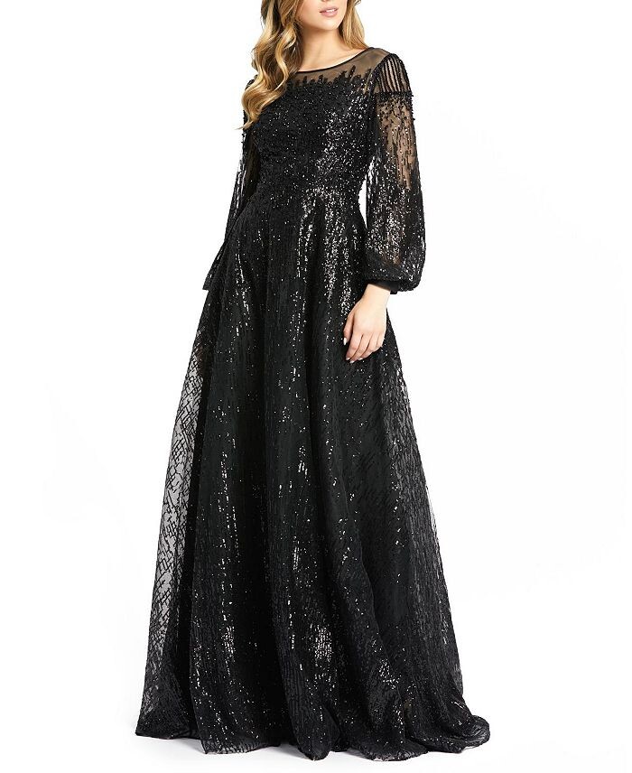 

Mac Duggal Платье А-силуэта с длинными рукавами и инкрустацией драгоценными камнями, черный