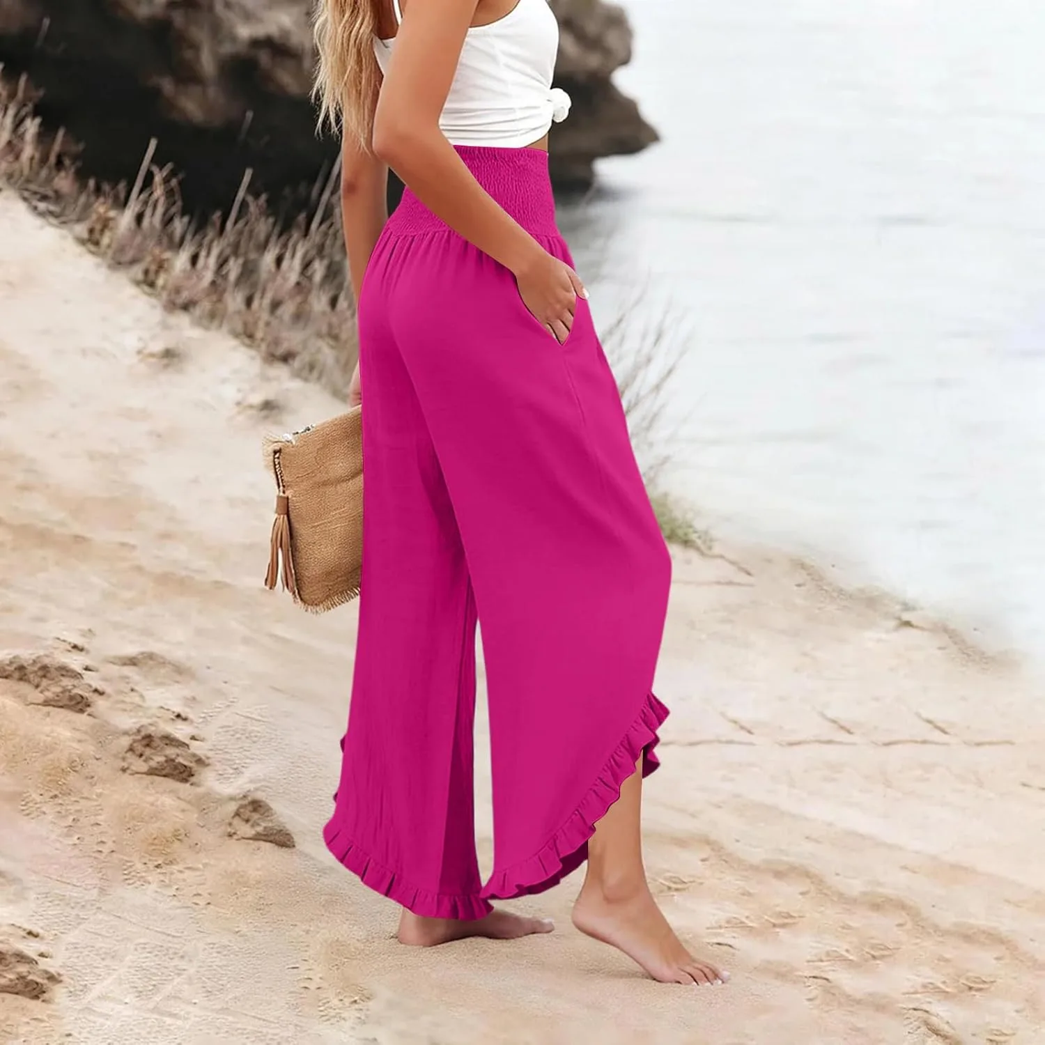 Женские льняные брюки, повседневные, свободные, с высокой талией, в стиле бохо, с широкими штанинами, укороченные, палаццо, пляжные брюки, летние образы 2026 года Generic, розовый — фото 4
