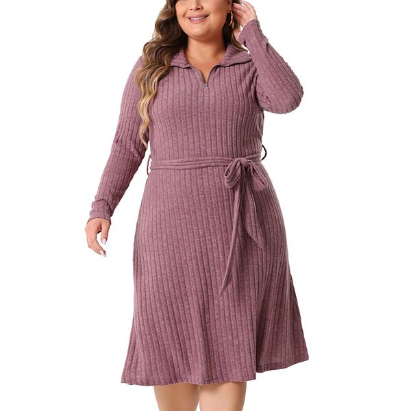 

Плюс сайз платье-свитер с ребристым узором, полузастежка спереди, длинный рукав, пояс на талии Agnes Orinda, Purple