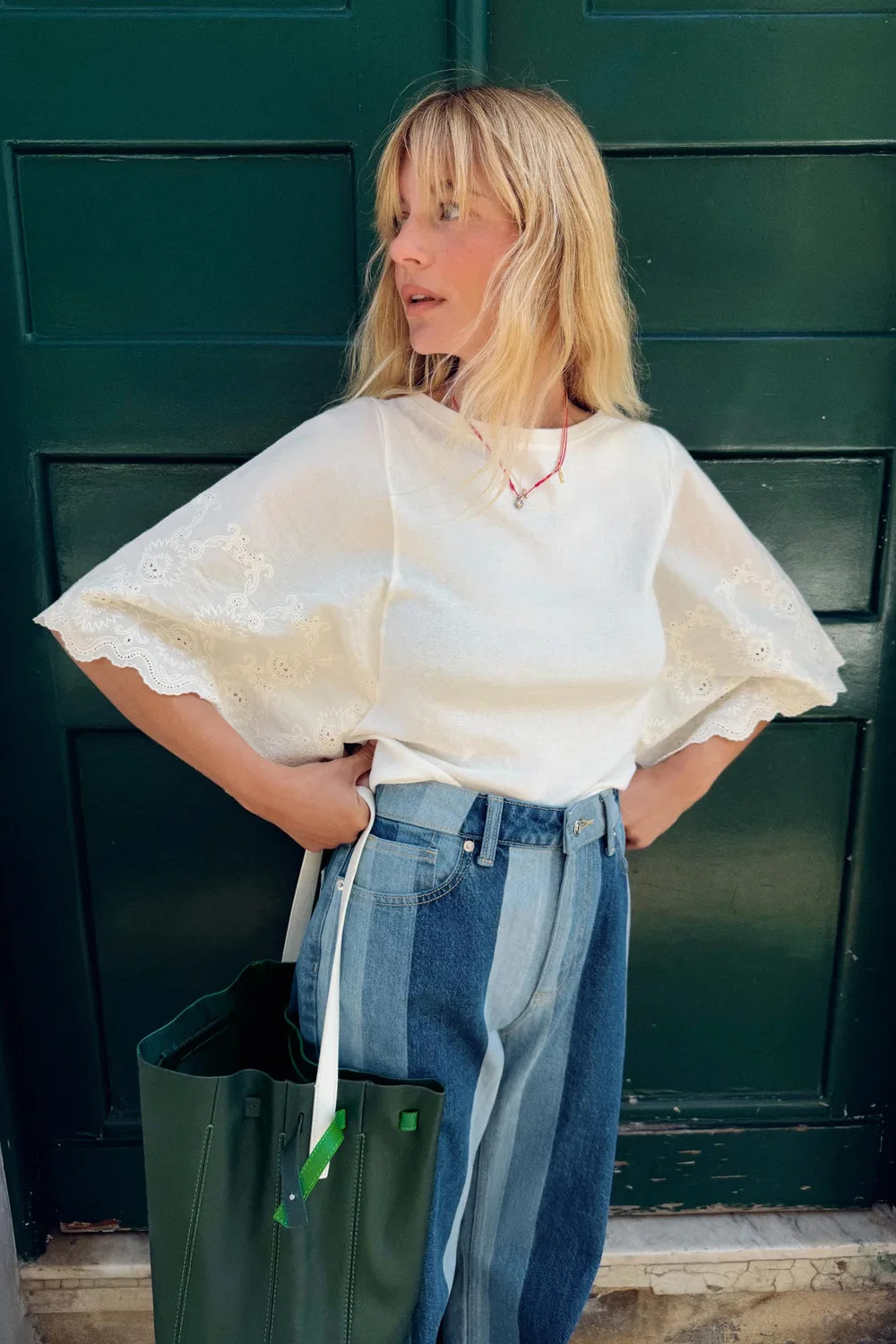 Вышитая комбинированная футболка ZARA, Oyster-white
