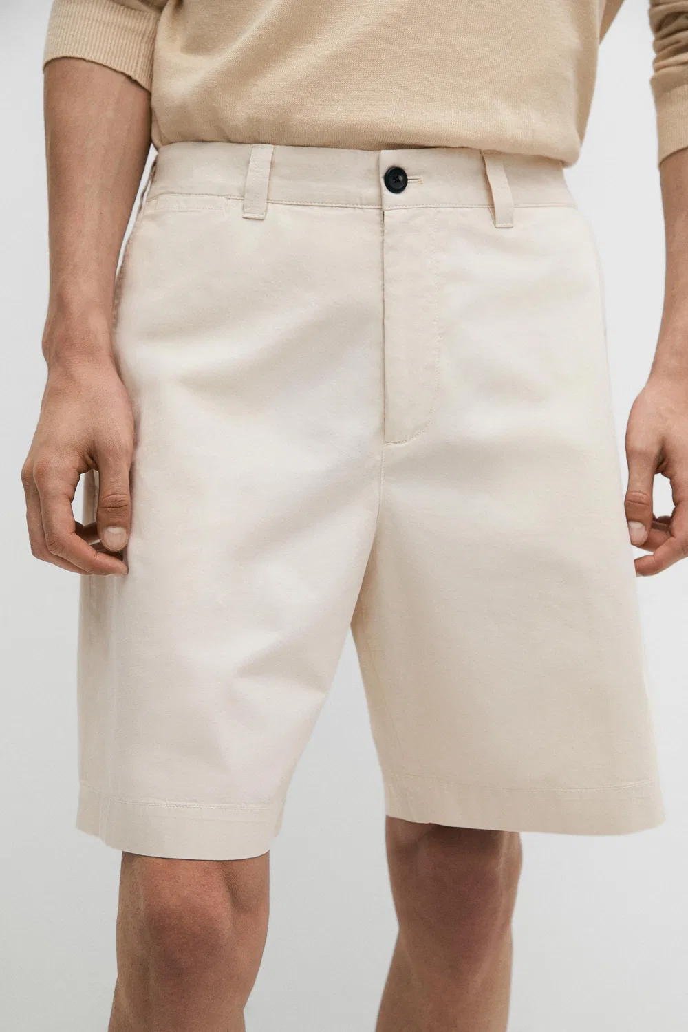 Хлопковые шорты-бермуды с декоративной отделкой на поясе Massimo Dutti, песочный — фото 4