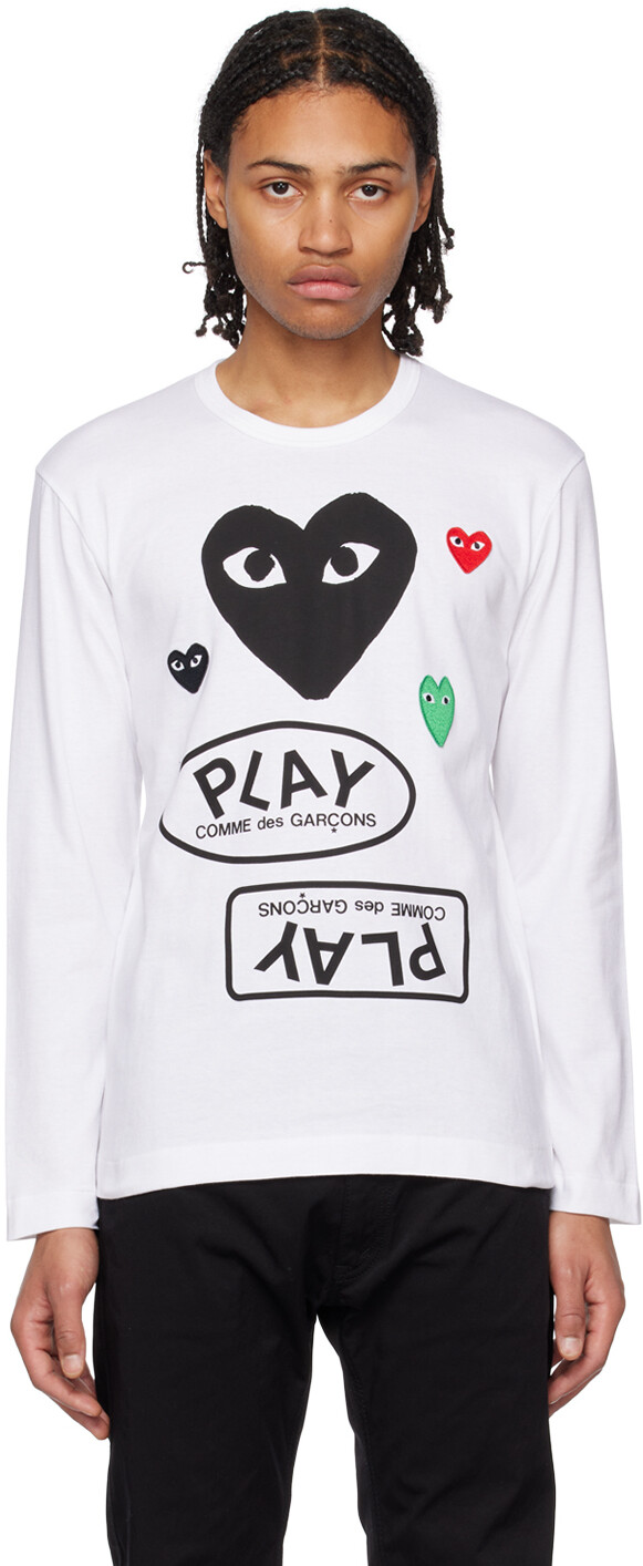

Белая футболка с длинным рукавом с разноцветными сердечками Comme des Garçons Play, Белый, Белая футболка с длинным рукавом с разноцветными сердечками Comme des Garçons Play