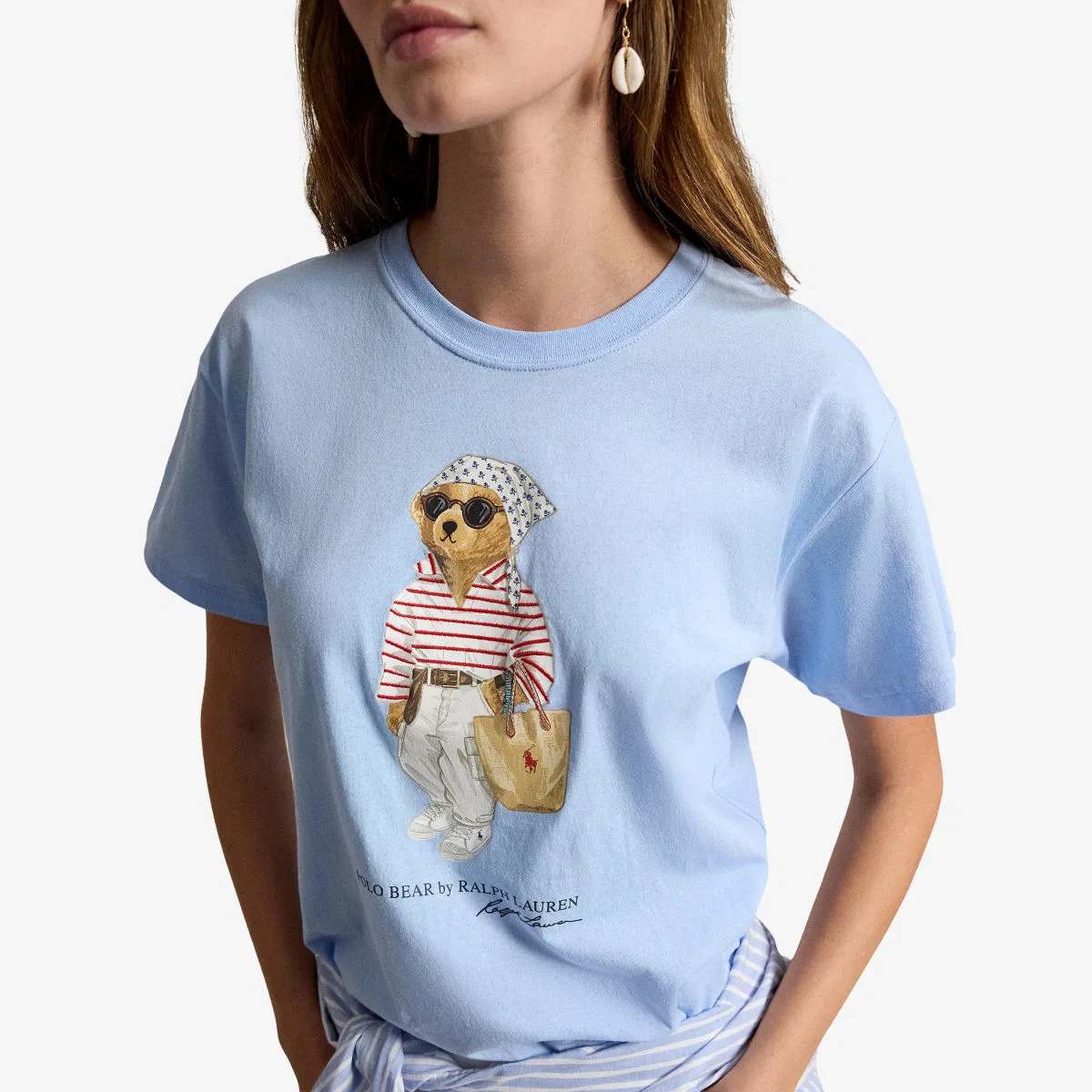 Хлопковая футболка с коротким рукавом и принтом медведя Polo Ralph Lauren, светло-голубой — фото 4