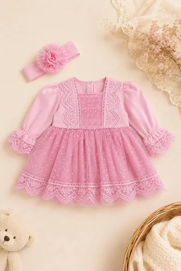 Детское платье для девочек кружевное Tuğra Bebe, Pink