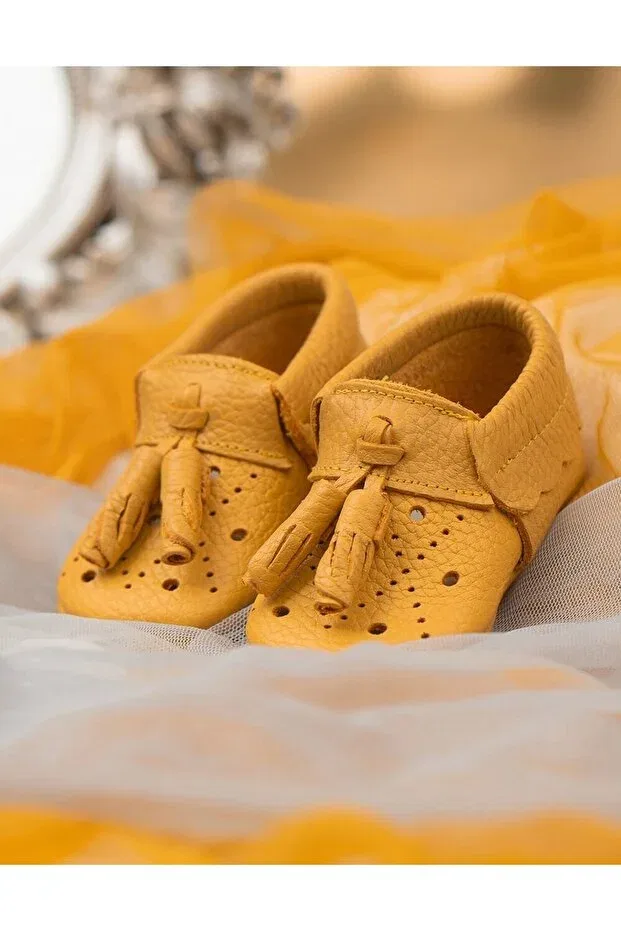 Детские тапочки-мокасины из натуральной кожи Poy natural leather mustard moccasin Beybium, Hardal