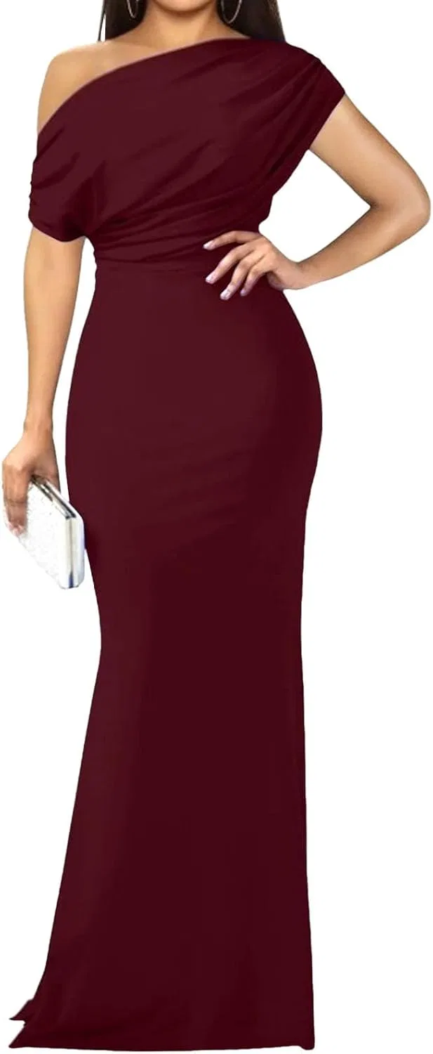Женское вечернее платье с открытыми плечами, Wine Red