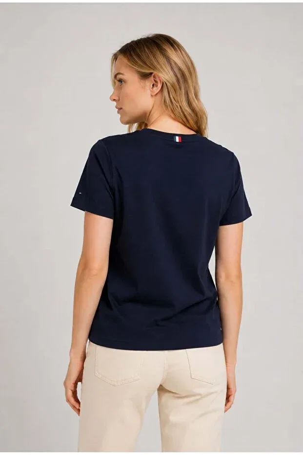 Женская хлопковая футболка с принтом с коротким рукавом Tommy Hilfiger, Navy Blue — фото 4