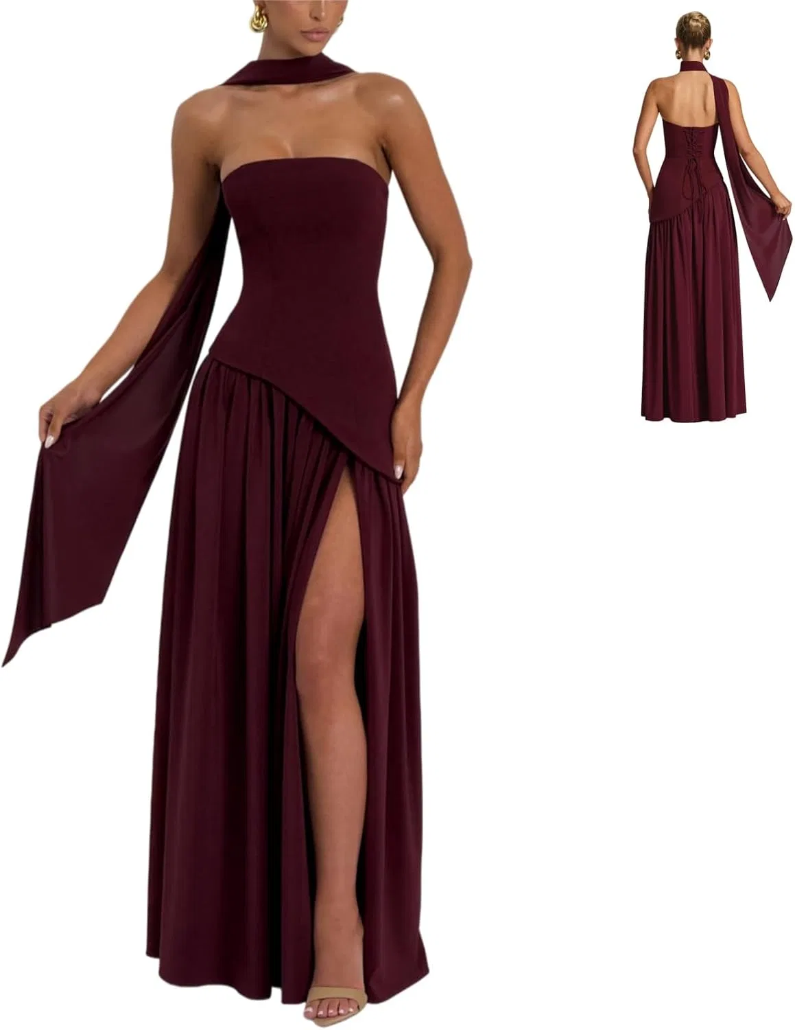 Женское вечернее платье с асимметричным разрезом, Corset Maxi, Wine Red
