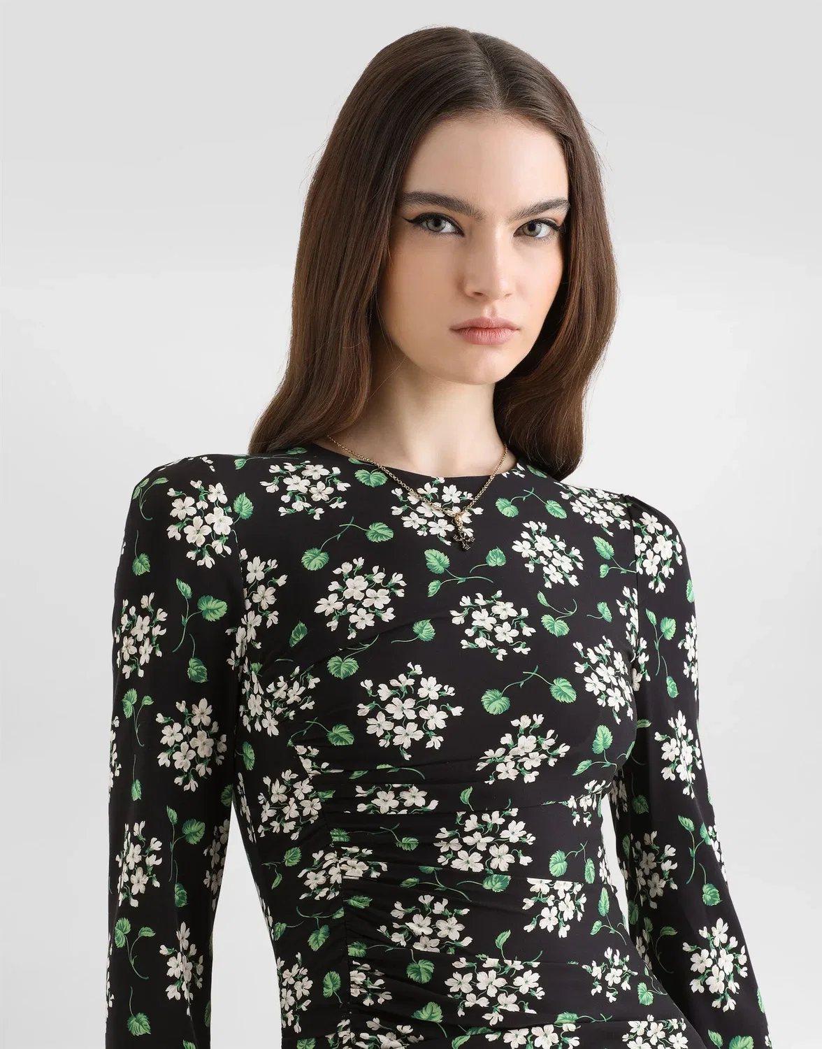 Платье из набивного крепдешина с гераневым букетом DOLCE & GABBANA, бежевый — фото 4