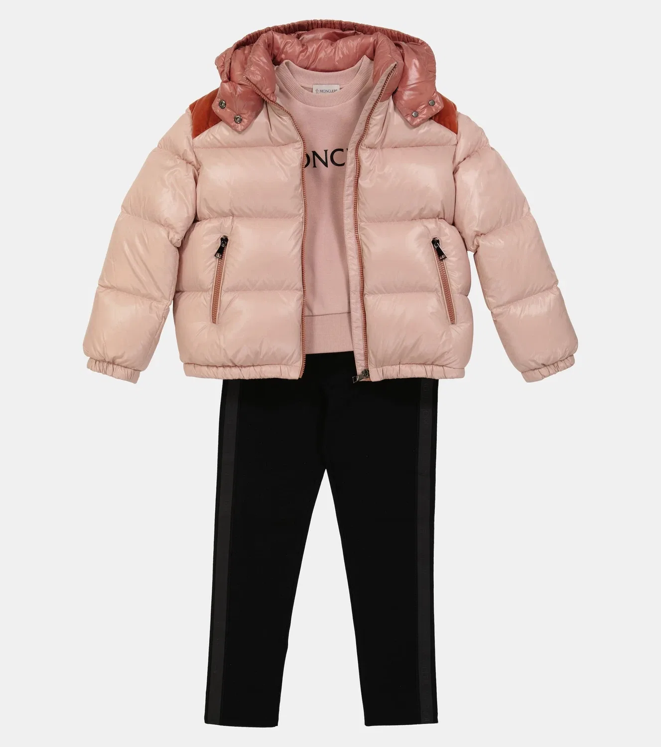 Пуховик с бархатной отделкой Moncler Enfant, розовый — фото 2