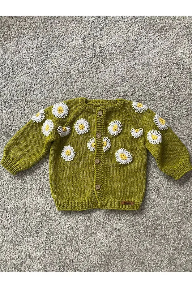 Детский кардиган с ручной вышивкой Hand Knitted Daisy Embroidered Nevalin, Green — фото 2