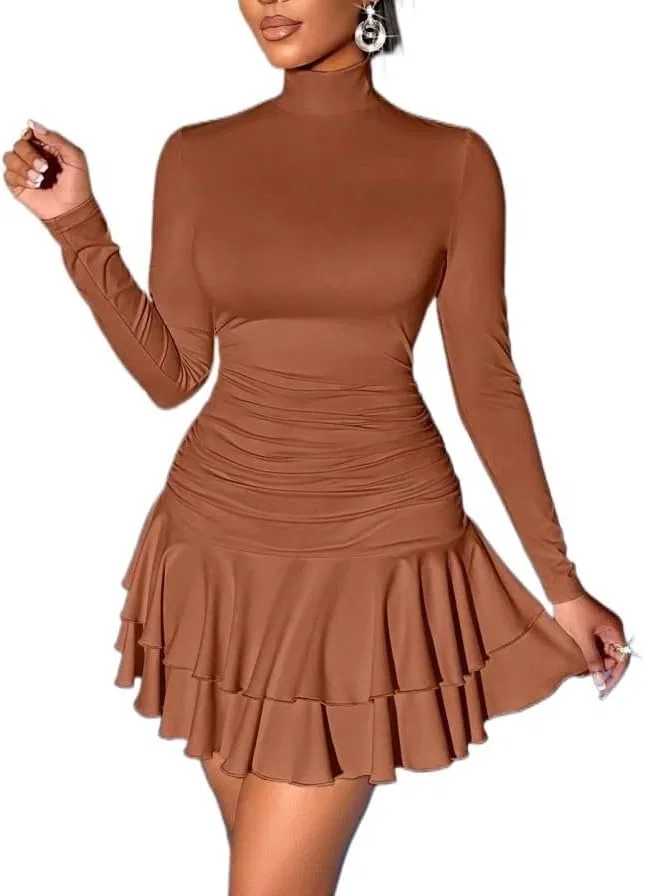 Женское облегающее мини-платье с высоким воротником Bodycon, Coffee