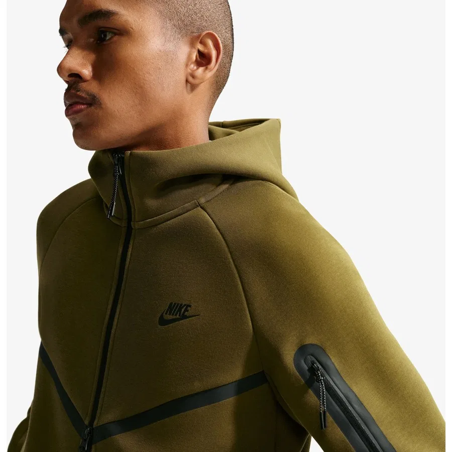 Мужская худи с капюшоном из флиса Nike Tech Fleece, модель HV0949, Nike, Хаки/Черный — фото 4