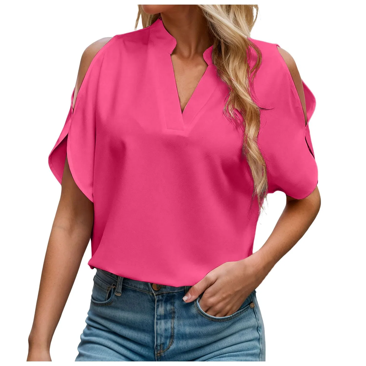 Женская блузка с длинным рукавом V-образным вырезом, Pink Warm