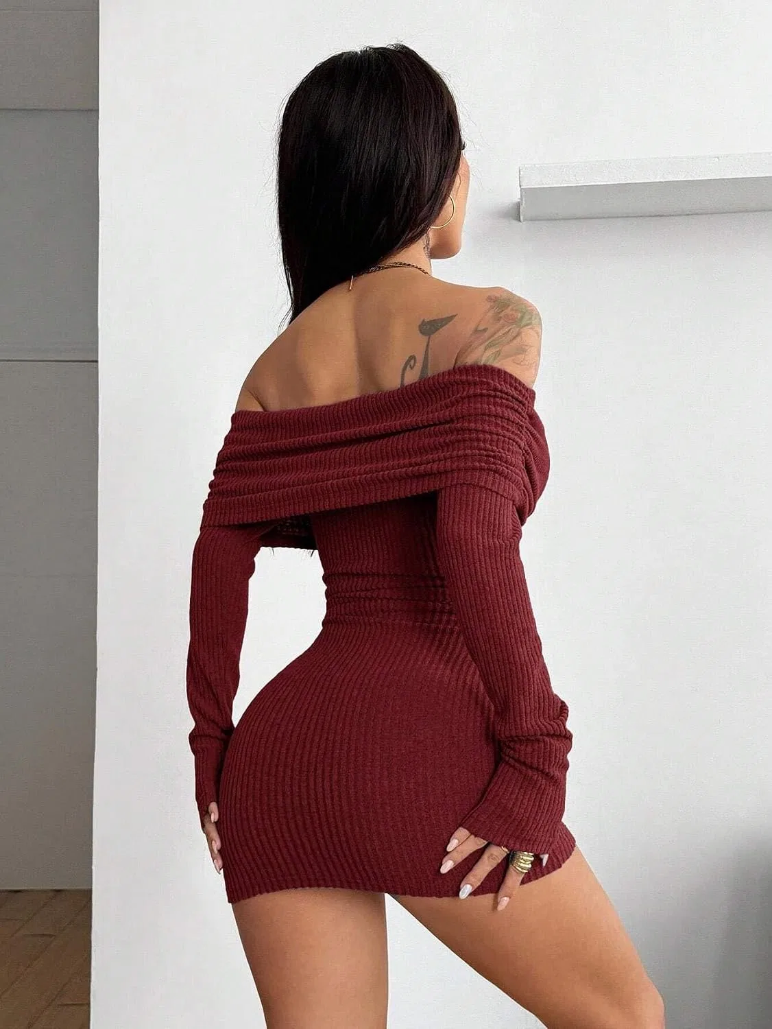 Женское элегантное платье с открытыми плечами Bodycon, Burgundy — фото 4