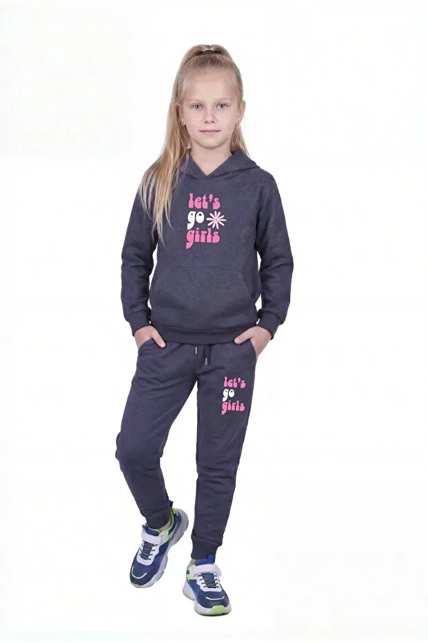 Детский комплект из свитшота и брюк для девочек с принтом Kangaroo pocket hooded lets go girl printed detailed Fyk Kids, Smoke Grey