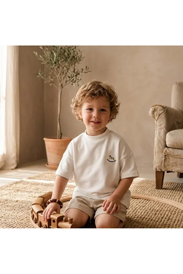 Детская футболка оверсайз с принтом Rocking Horse Embroidered, Elibaby, Navy Blue Embroidery — фото 4