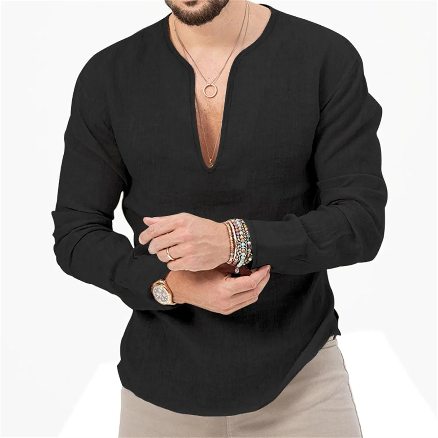 Мужская футболка с глубоким V-образным вырезом Plain L/S, Black — фото 3
