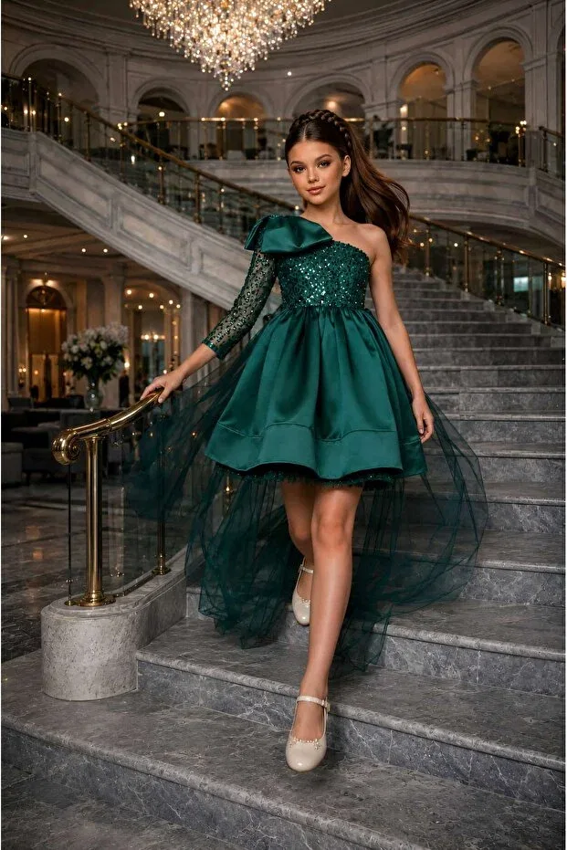Детское платье для девочек с пайетками By Feyza Kids Collection, Green — фото 2