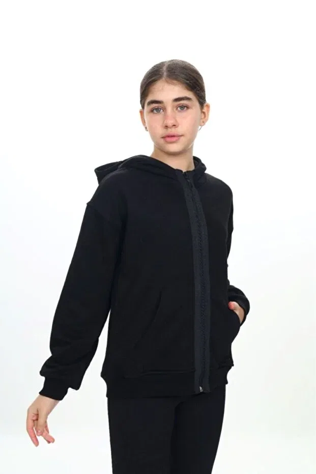 Детский кардиган для девочек с капюшоном Black Girl's Hooded Stripe Zipper Detailed Pocket Low Shoulder Knitted Cardigan Toontoy, Black — фото 2