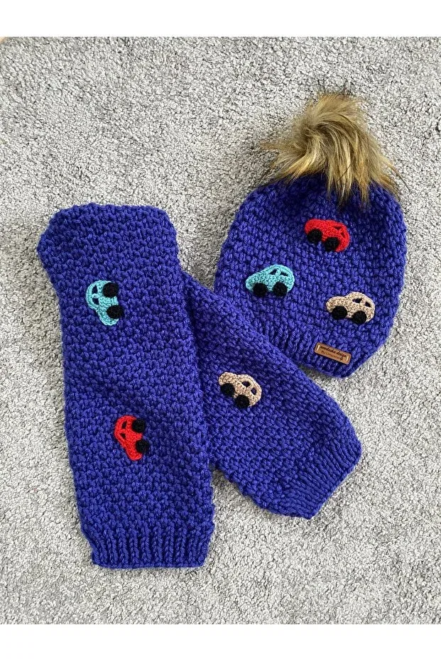 Детский для мальчиков комплект кардигана и шарфа с шапкой Hand Knitted Set Boy's Car Detailed Cardigan and Scarf & Beanie Set Nevalin, Navy Blue — фото 3