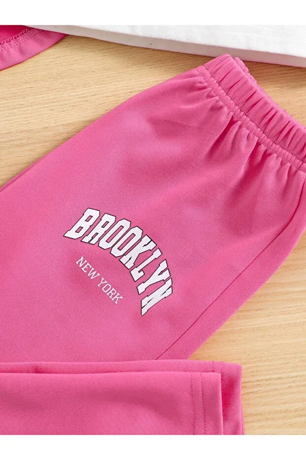 Детский комплект свитшот-брюки с принтом Brooklyn White Strappy Crop Machetta, Dark Pink — фото 4