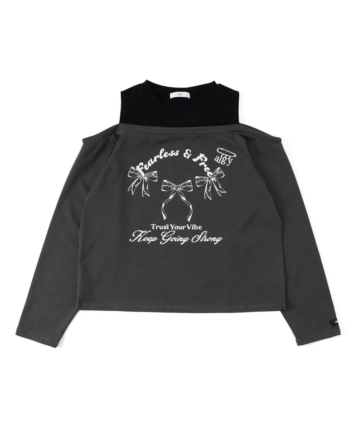 Детский лонгслив с открытыми плечами и принтом спереди, модель Layered Long T, algy, Charcoal