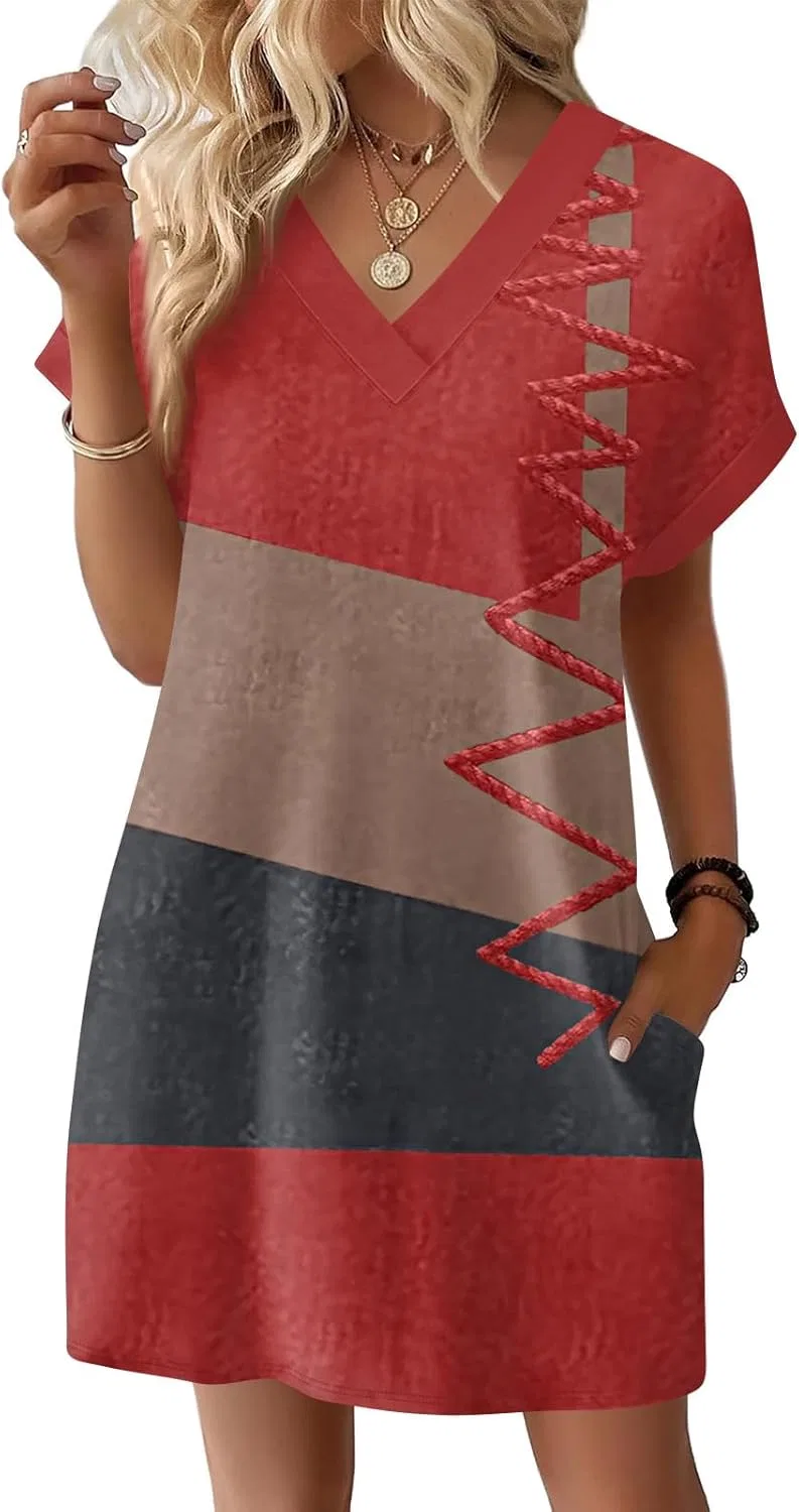 Женское летнее платье с V-образным вырезом Casual, Red