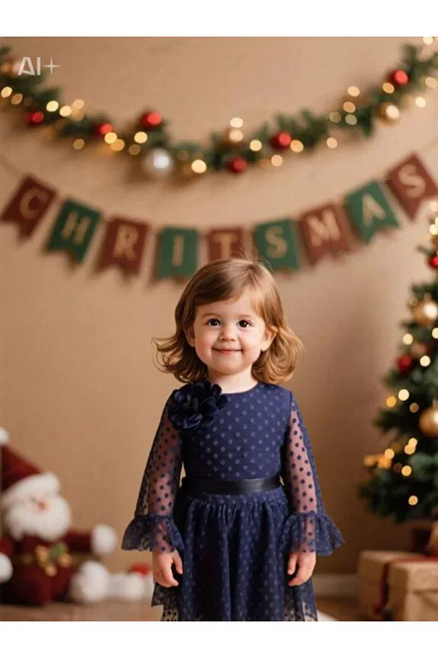 Детское платье для девочек с длинным рукавом Buckle polka dot tulle puffy dress Lunas Tekstil, Navy Blue — фото 4