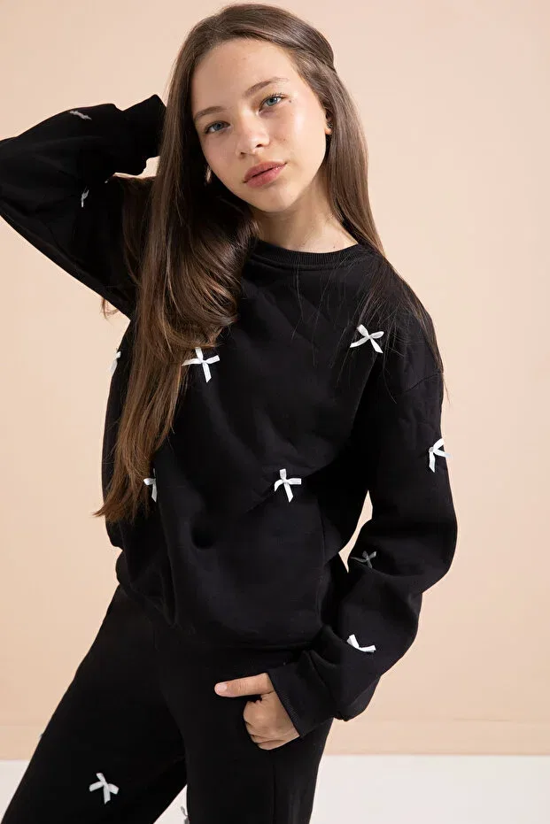 Детский комплект спортивного костюма для девочек с принтом Black Bow Embroidered Crew Neck Girl's Hooded Tracksuit Set Cansın Mini, Black — фото 4