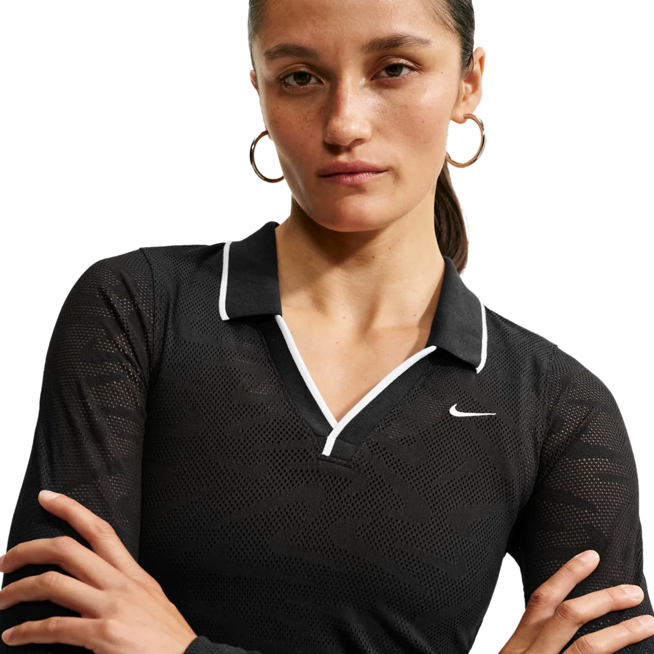 Женский топ с длинным рукавом Nike Chill Knit LS Stitch Lace, White/Black/Black — фото 3