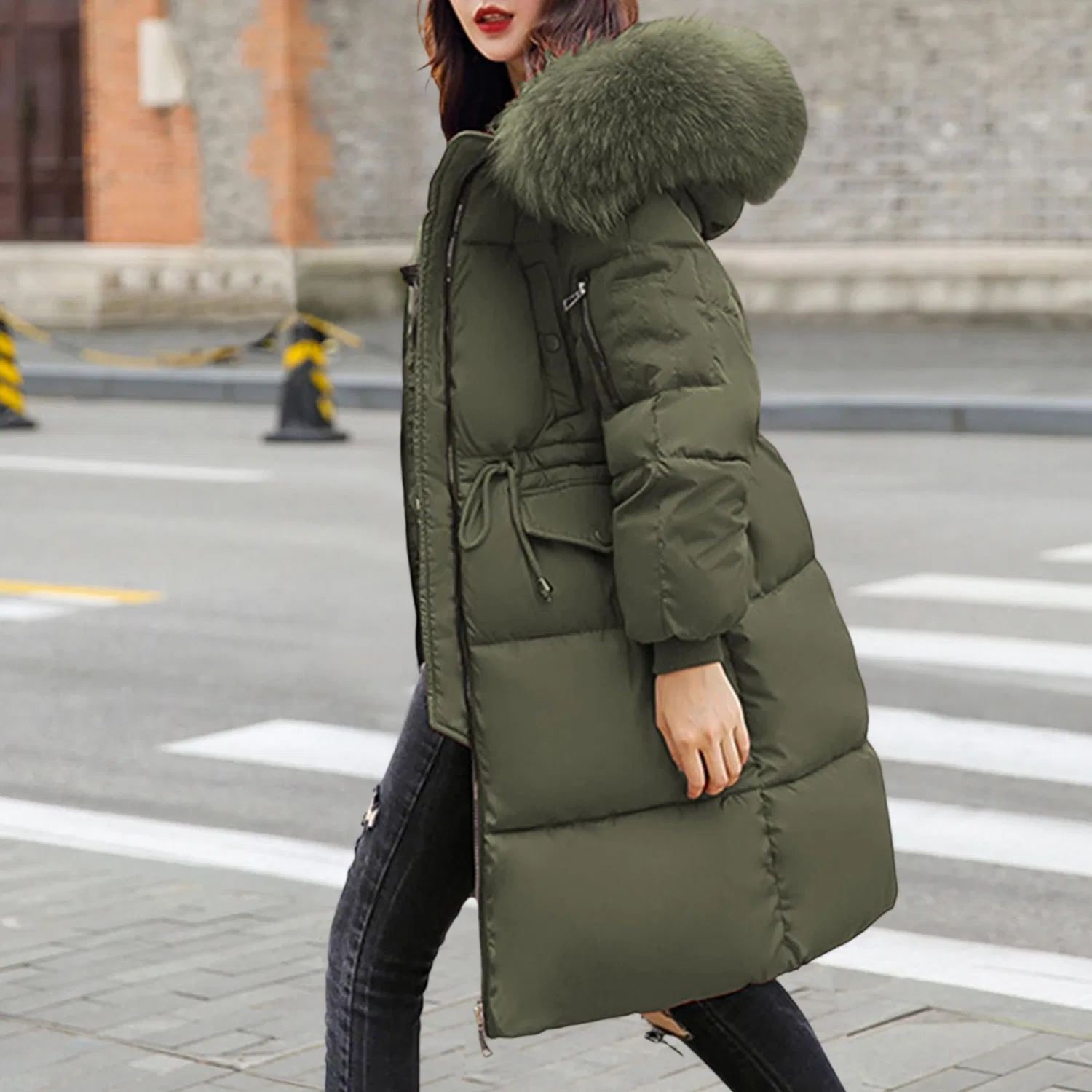 Женский пуховик с капюшоном, зимний, утепленный, army green — фото 2