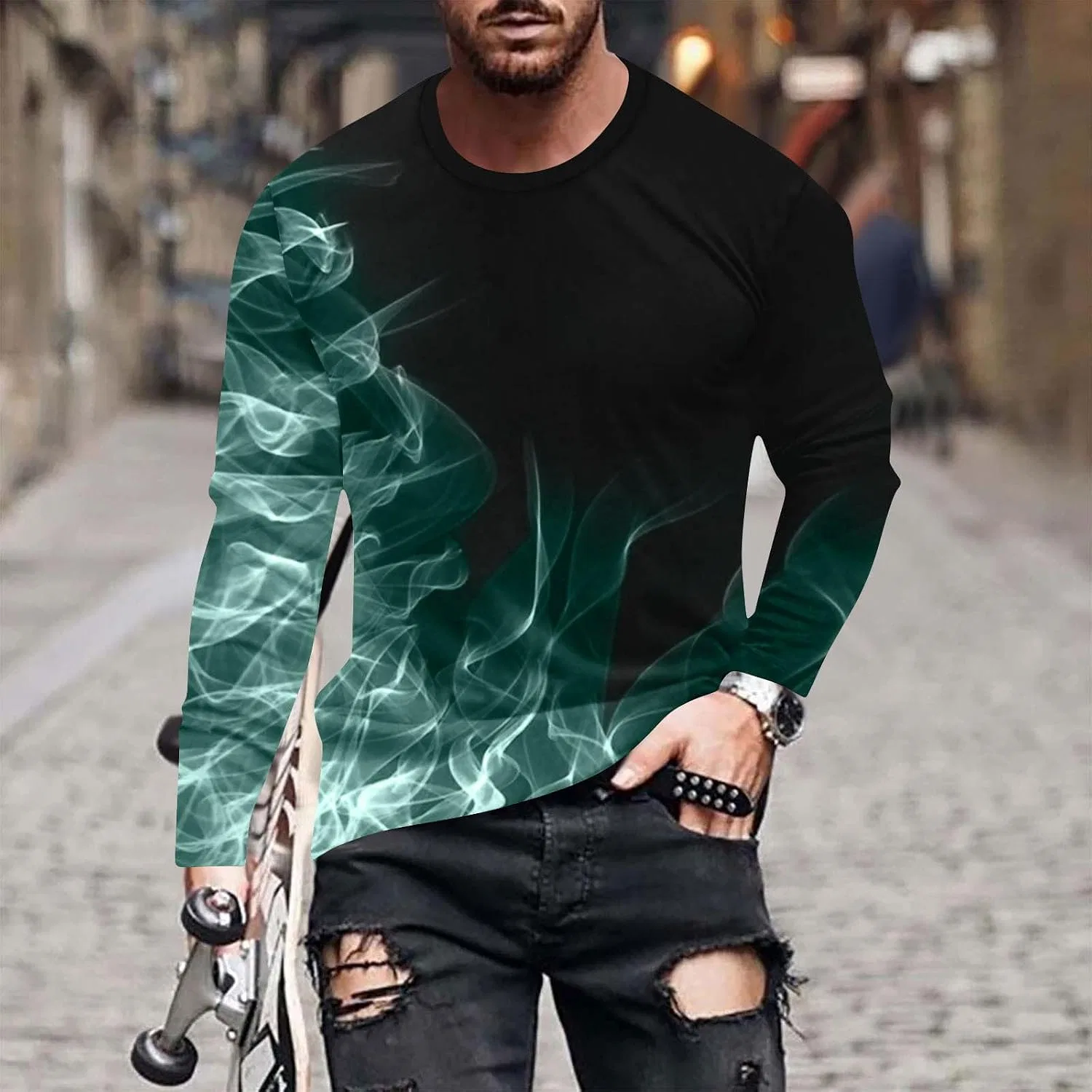 Мужская футболка с длинным рукавом с принтом пламени, Classic Crewneck, Green — фото 2