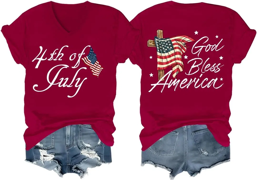 Женская футболка с V-образным вырезом God Bless America, Claret