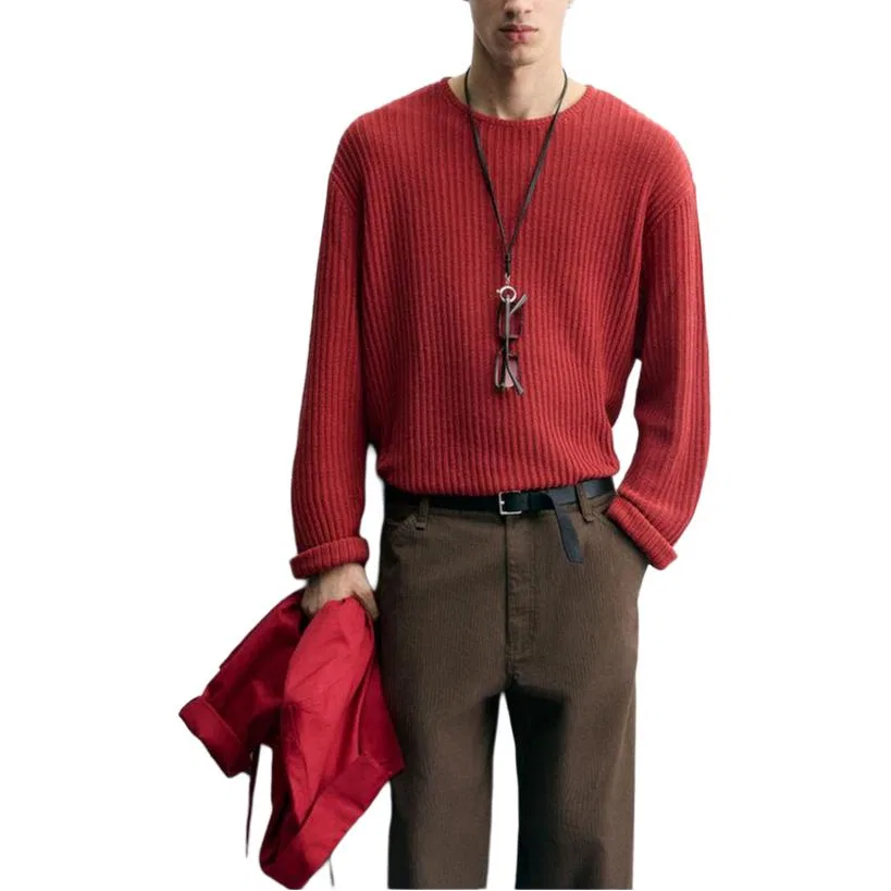 Мужской свитер с круглым вырезом Moderate, ZARA, Brick Red — фото 4