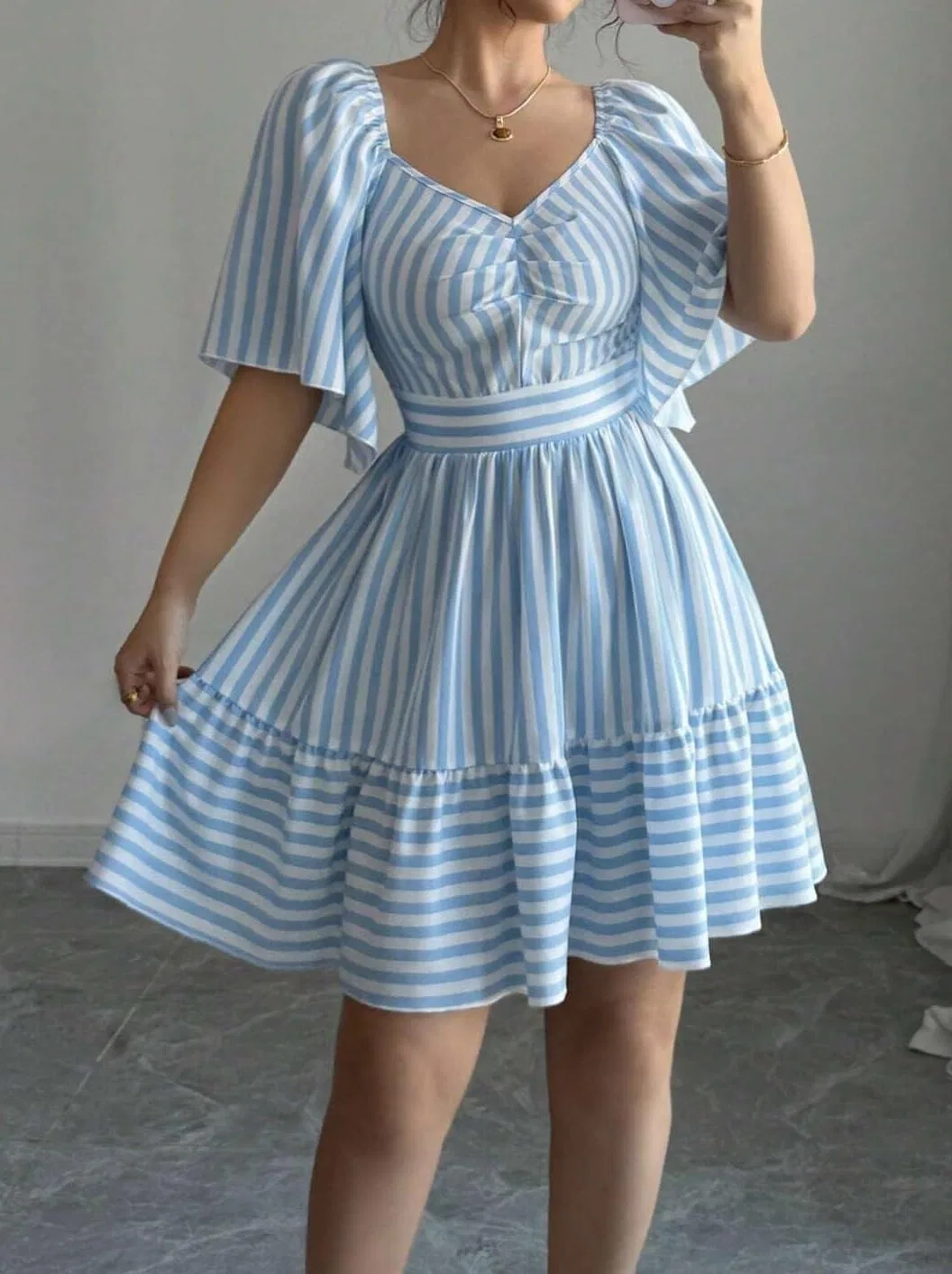Женское повседневное платье мини с рюшами A-силуэта, Blue — фото 2