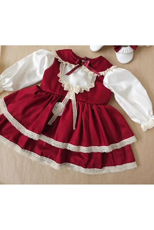 Детское платье для девочек с длинным рукавом Vintage lace detailed burgundy Elwirababyboutiqe, Burgundy