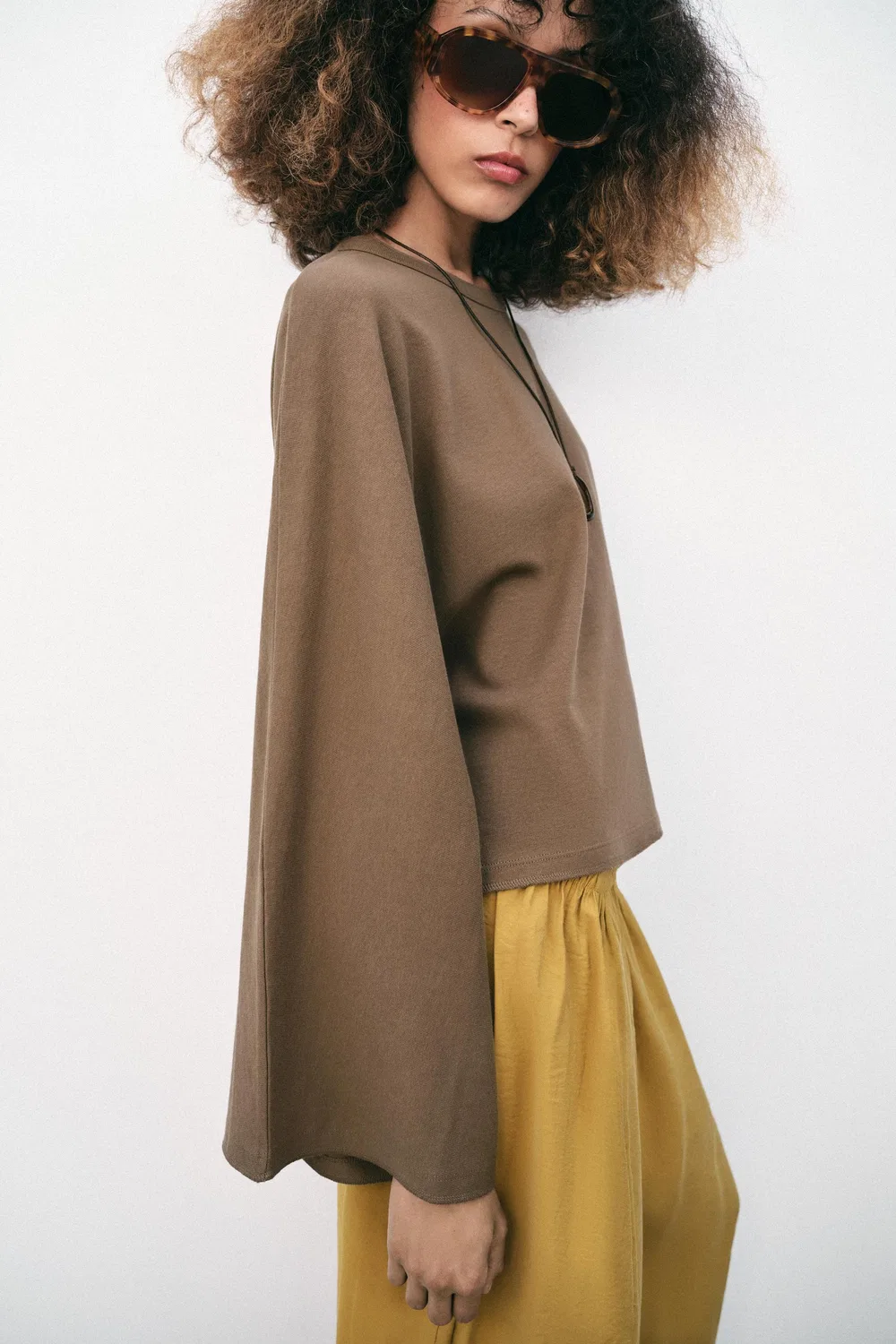 Хлопковая футболка с широкими рукавами ZARA, Mink — фото 3