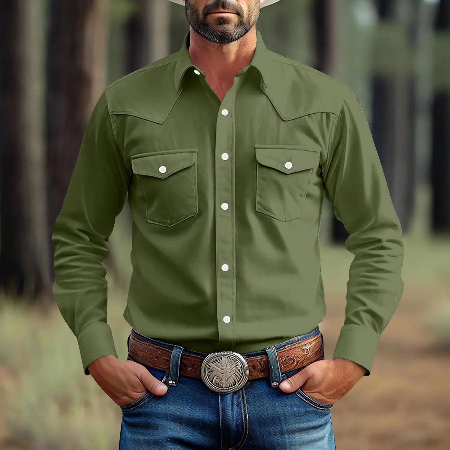 Мужская рубашка с длинным рукавом, классическая, Western Cowboy Shirts, армейский зелёный — фото 2