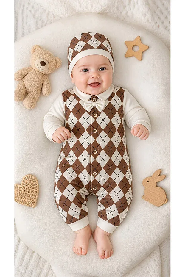 Детский комбинезон для мальчиков в клетку с галстуком-бабочкой Basics My Babies Label, Brown — фото 2