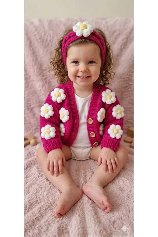Детский кардиган для девочек с длинным рукавом Hand-Knitted baby cardigan handmade Hobilanka, Pink — фото 2