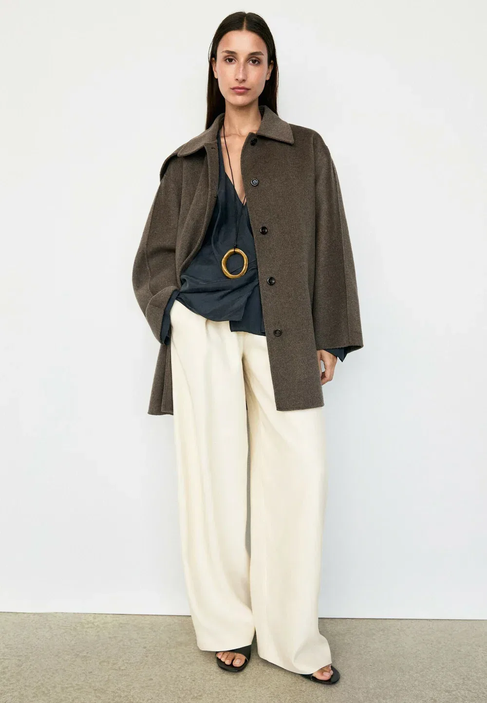 Пальто из меланжевой шерстяной смеси - короткое пальто Massimo Dutti, Mottled Dark Brown — фото 2