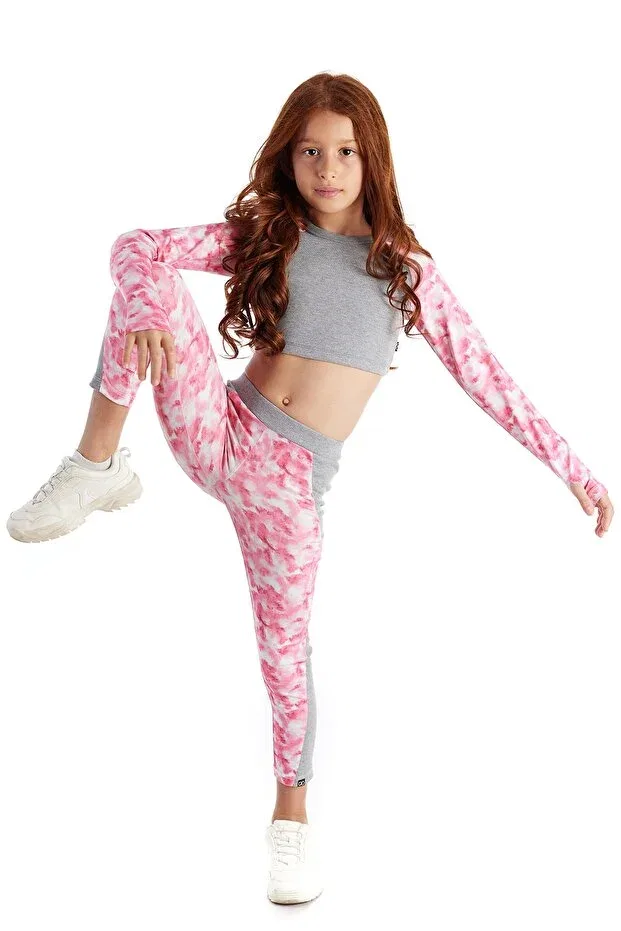 Детские укороченное свитшот для девочек с принтом Tori Marble Metering Patterned Colorinas, Pembe-Antra — фото 4