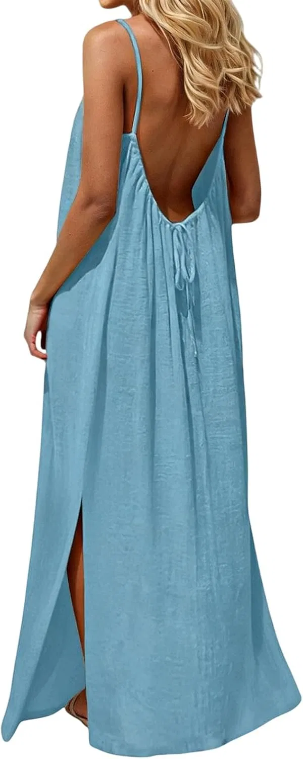 Женское пляжное платье-макси с открытой спиной Generic, Light Blue