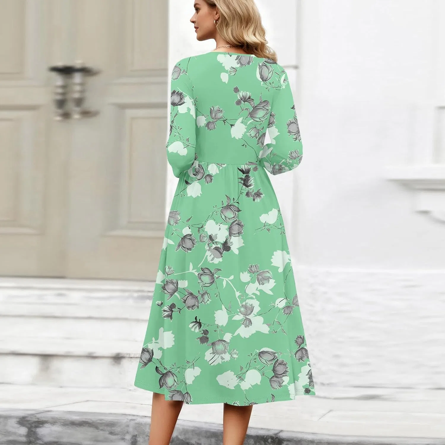 Женское платье свободного кроя с карманами 3/4 рукав, Light Green — фото 4