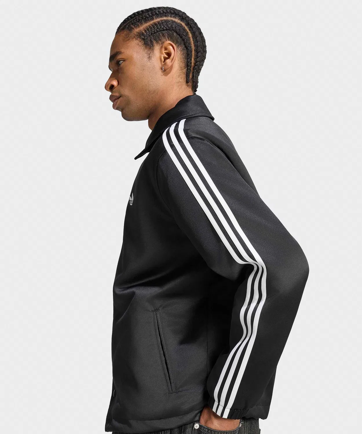 Мужская и женская куртка-коуч с сатиновой отделкой, с логотипом, модель 3 Stripes Satin Coaches Jacket, Adidas, Black — фото 4